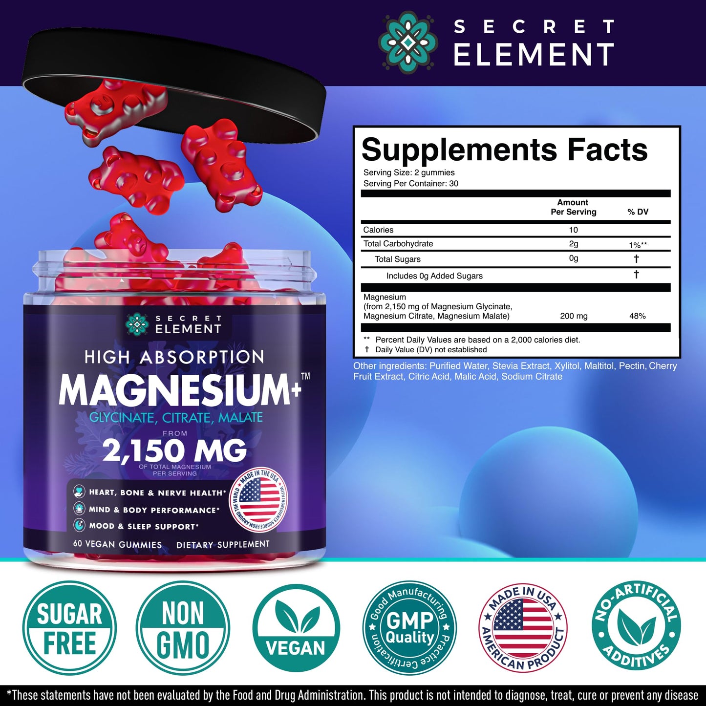 Magnesium Glycinate 2150 MG Gummies – High-Absorption, Sugar-Free, Vegan (Cherry) | 60 Gummies