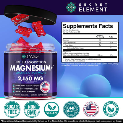 Magnesium Glycinate 2150 MG Gummies – High-Absorption, Sugar-Free, Vegan (Cherry) | 60 Gummies