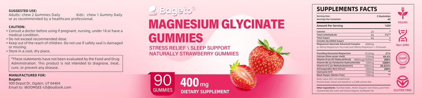 Magnesium Glycinate Gummies Sugar Free 90 Count | 400mg Mg + 200mg L-Threonate, Ashwagandha, Vitamin D, B6, B12 | Sleep & Stress Support | Strawberry