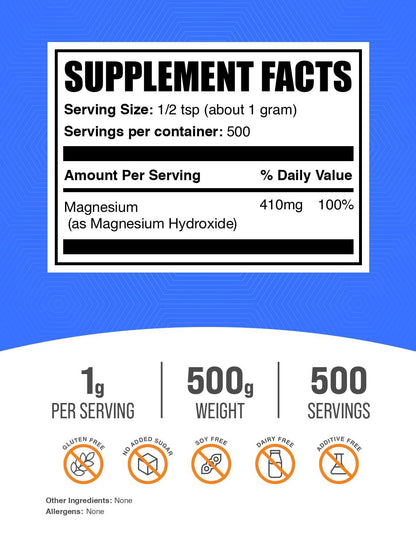 Magnesium Hydroxide Powder - Food Grade & Gluten Free, 500g | BulkSupplements