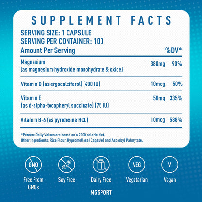 MGSPORT Magnesium Supplement Complex – High Absorption with Vitamin B6, D & E | 100 Servings