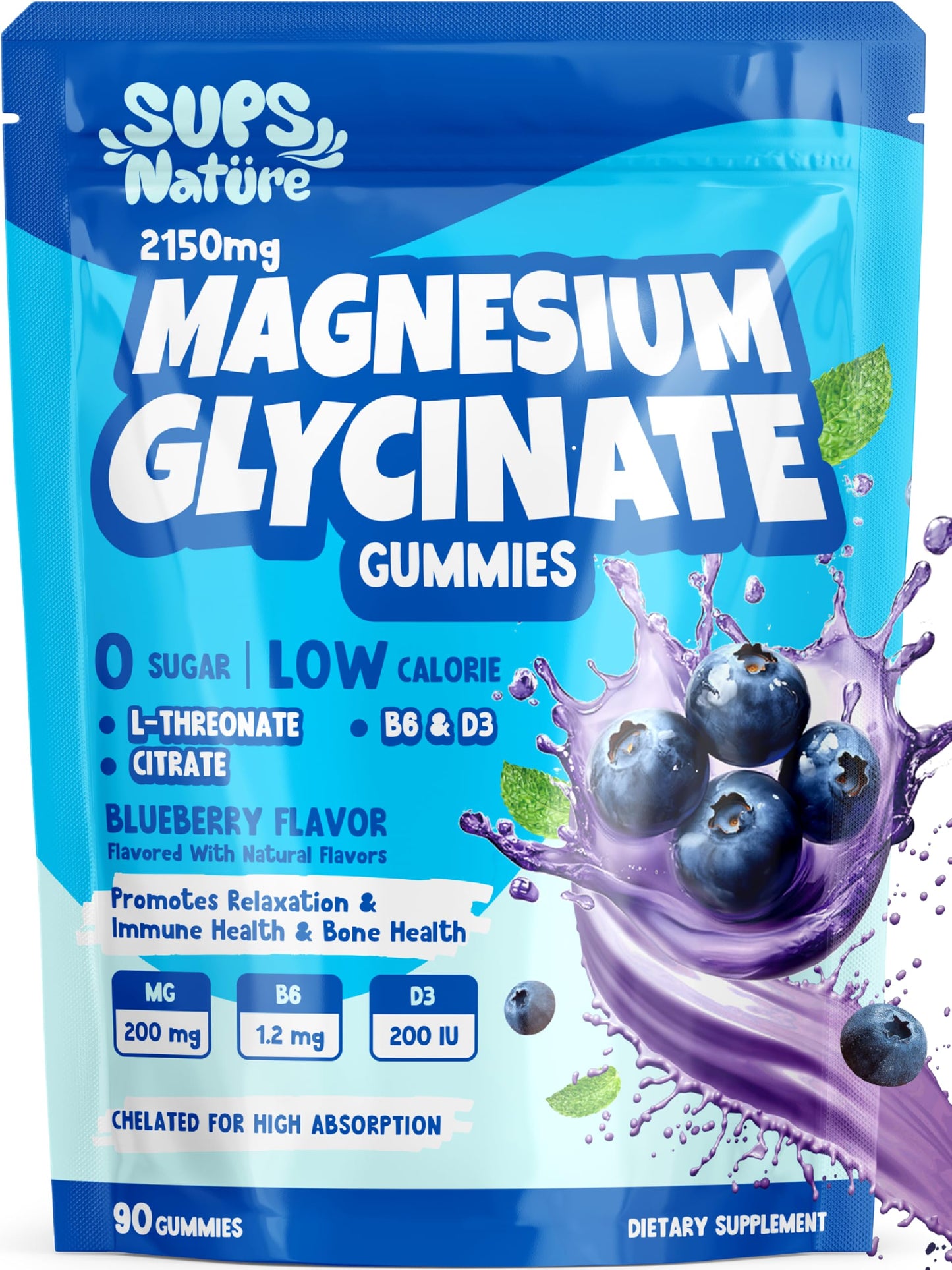 Magnesium Glycinate Gummies 2150 mg with L-Threonate – Blueberry, 90 Count (Adults)