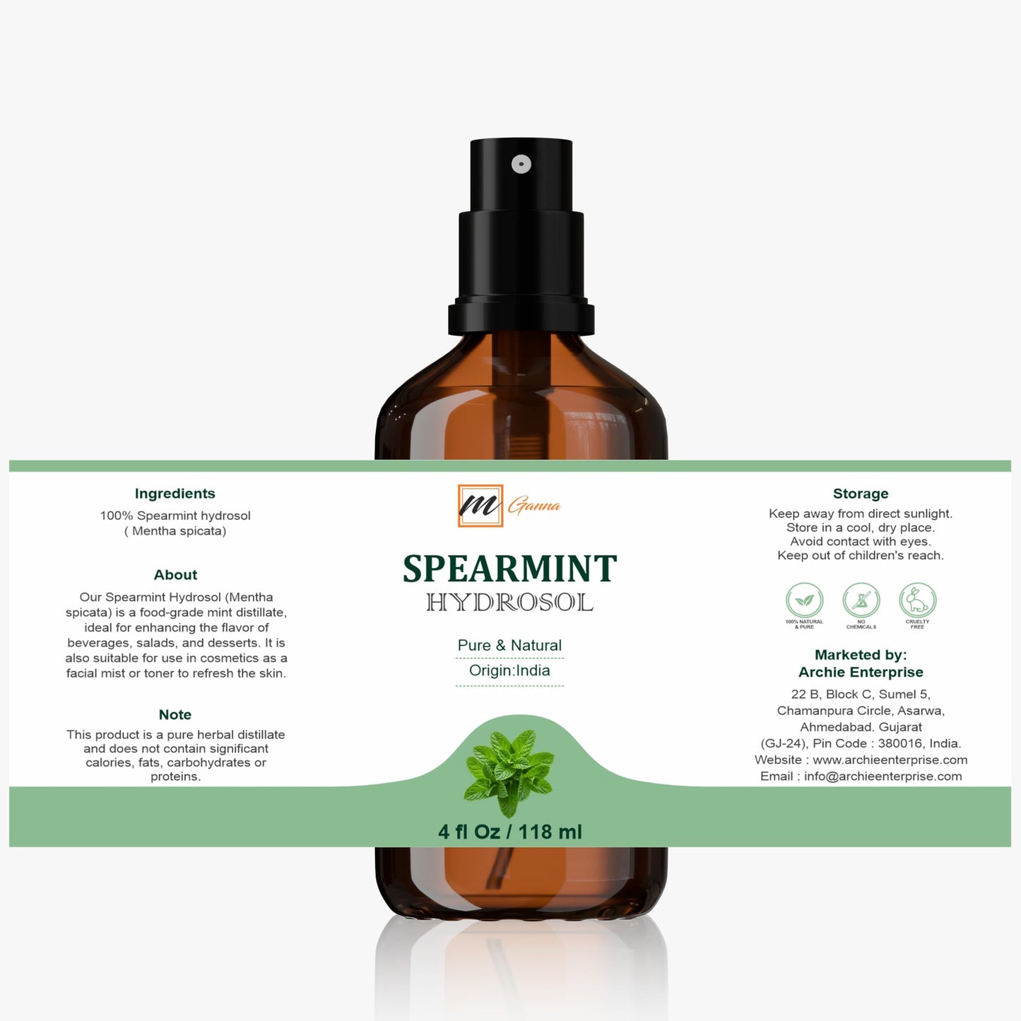 mGanna Spearmint Hydrosol 4 fl oz (118 ml) – Food Grade, Fresh Mint Aroma for Cooking & Skincare