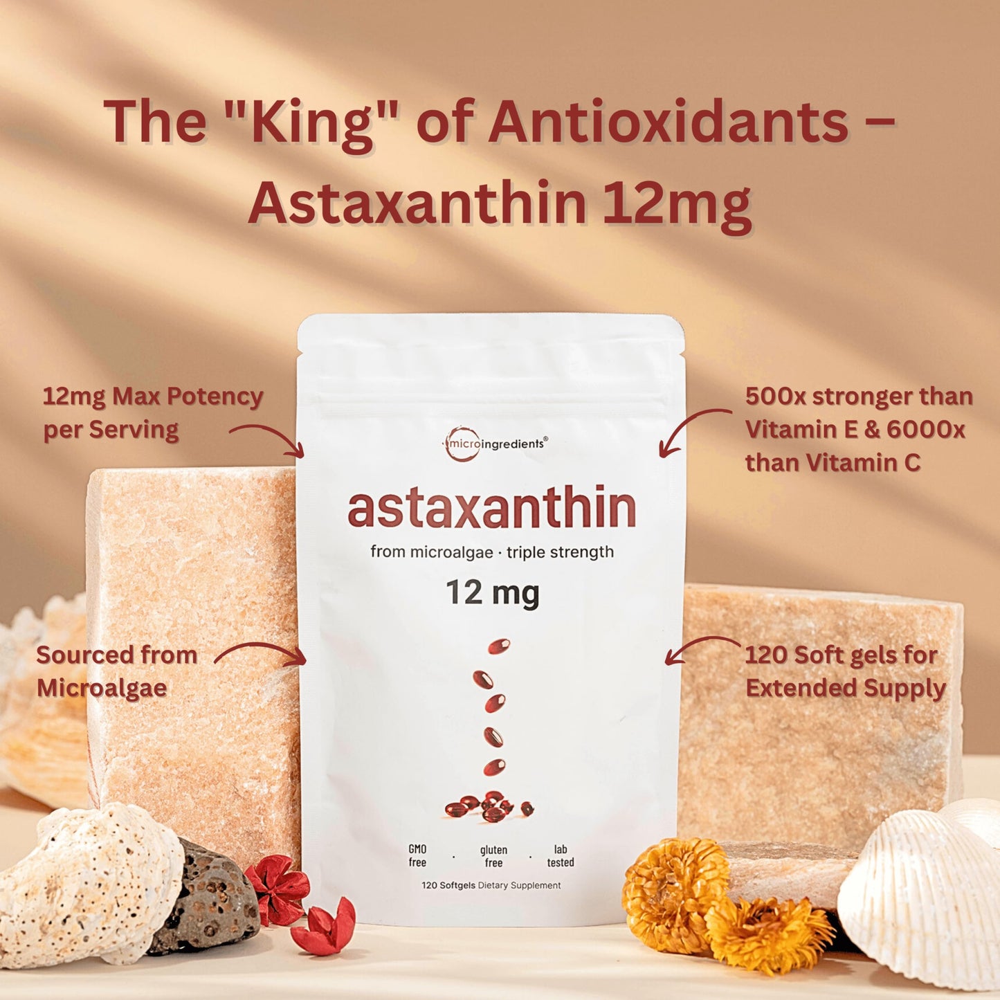 Micro Ingredients Astaxanthin 12mg – 120 Softgels (4 Month Supply) – Non-GMO, Soy Free