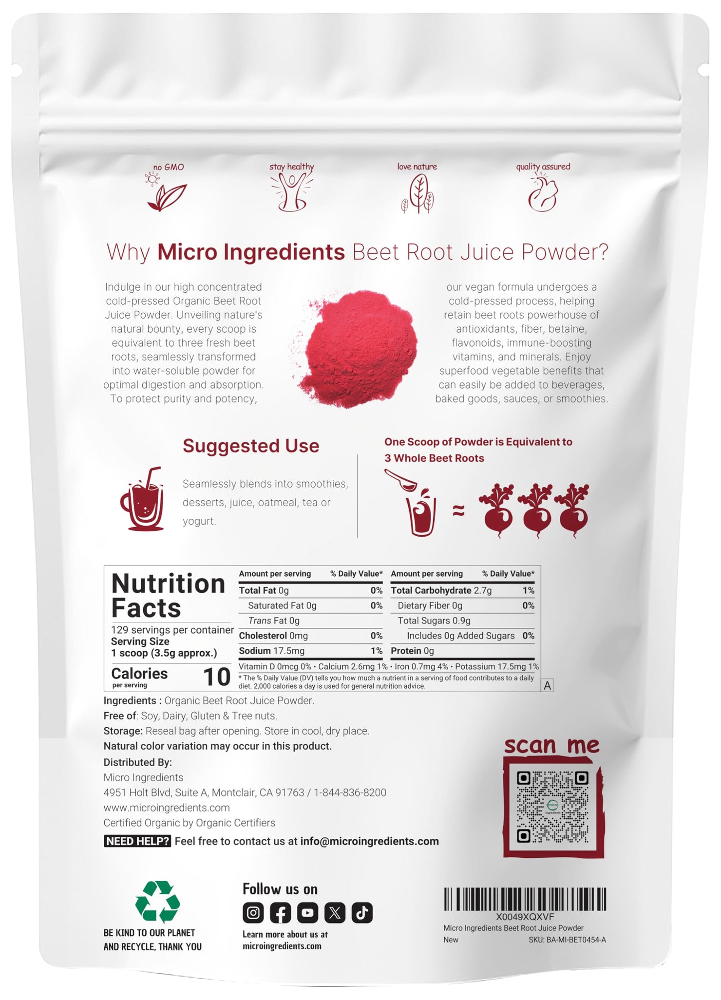 Micro Ingredients Organic Beet Root Powder - 1 lb, Cold-Pressed & Water-Soluble, Non-GMO
