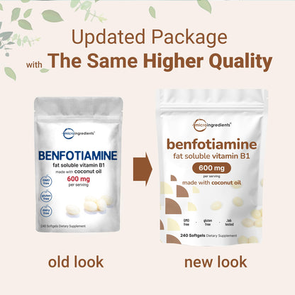 Micro Ingredients Vitamin B1 Benfotiamine 600mg Softgels – Bioavailable B1, Non-GMO, Soy Free