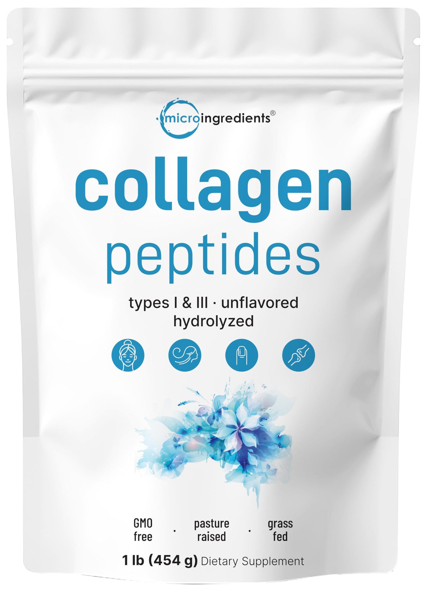 Micro Ingredients Bovine Collagen Peptides Powder 1lb – Grass-Fed, Unflavored, Type I & III | Skin, Joints & Bones Support | Paleo, Non-GMO