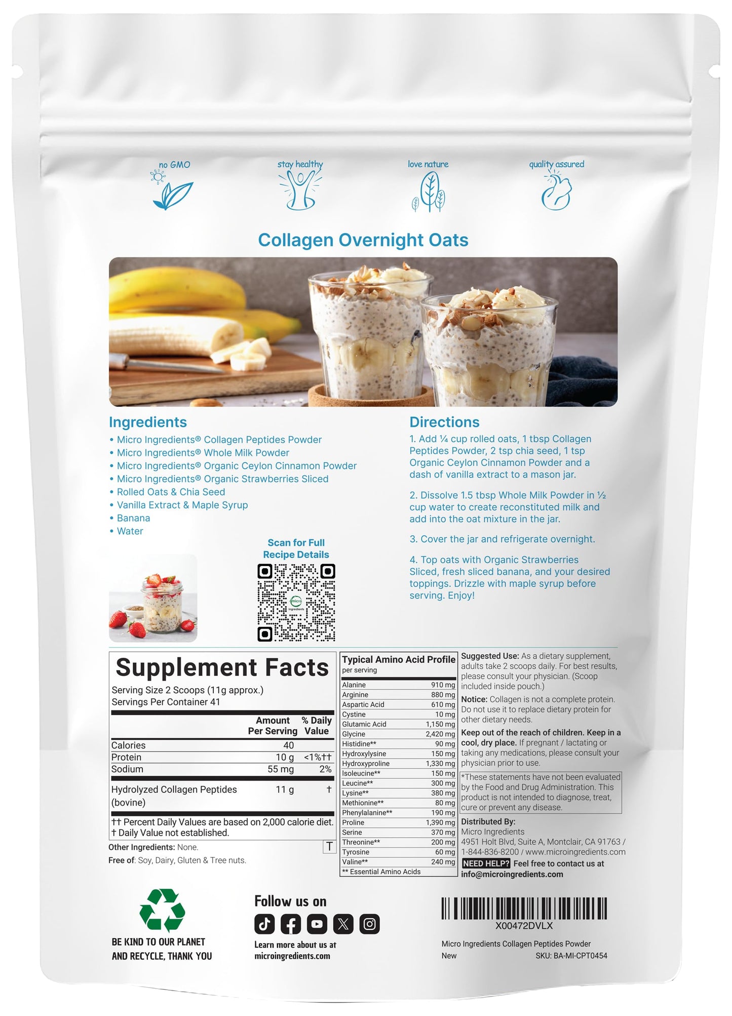 Micro Ingredients Bovine Collagen Peptides Powder 1lb – Grass-Fed, Unflavored, Type I & III | Skin, Joints & Bones Support | Paleo, Non-GMO