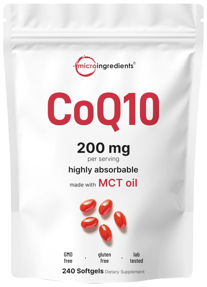 Micro Ingredients CoQ10 200mg Softgels with Coconut MCT Oil – 240 Softgels | High Absorption Ubiquinone