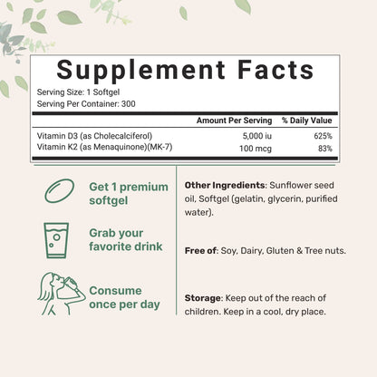 Micro Ingredients Vitamin D3 5,000 IU + K2 MK-7 100 mcg | 2 Pack (600 Softgels) | Sunflower Oil | Non-GMO | Gluten-Free