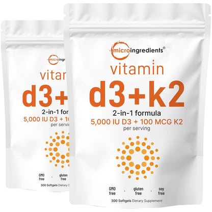 Micro Ingredients Vitamin D3 5,000 IU + K2 MK-7 100 mcg | 2 Pack (600 Softgels) | Sunflower Oil | Non-GMO | Gluten-Free