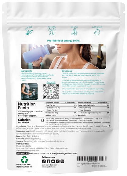 Micro Ingredients Electrolyte Powder, 2 lbs (139 Servings) – Lemon Raspberry Flavor | 1,000mg Potassium | No Sugar | Keto | Non-GMO