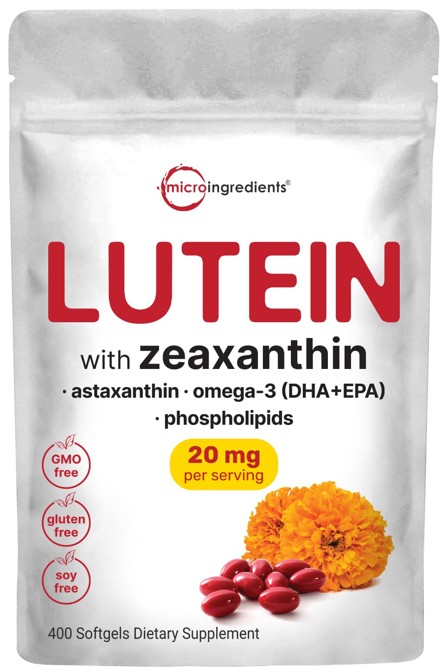 Micro Ingredients Lutein & Zeaxanthin 20mg Softgels, 400 Count | Eye Health