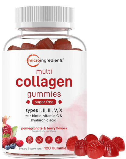 Micro Ingredients Multi Collagen Gummies 120 – 8-in-1 (I–X) with Biotin, Hyaluronic Acid & Vitamin C | Pomegranate Berry