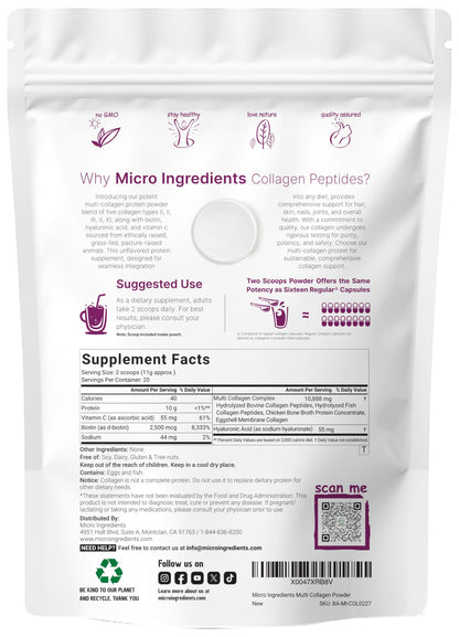 Micro Ingredients Multi Collagen Peptides Powder 8oz – Unflavored | Hair, Skin & Joint Support