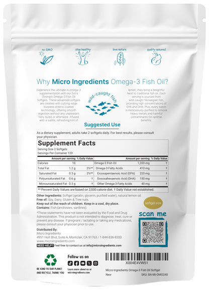 Micro Ingredients Omega-3 1200mg Softgels – 240 Count, Lemon | EPA 220mg + DHA 150mg