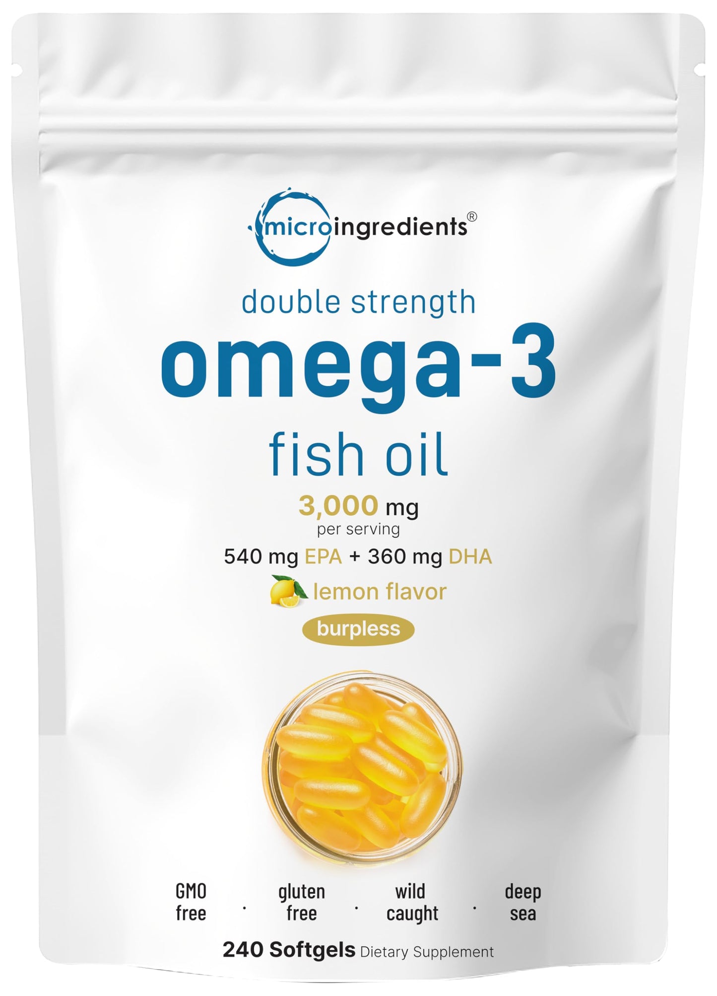 Micro Ingredients Omega-3 Fish Oil 3,000mg | 240 Softgels | Lemon