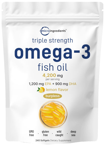 Micro Ingredients Triple Strength Omega-3 Fish Oil – 4200mg/Serving, 240 Softgels (Lemon, Burpless) | EPA 1200mg + DHA 900mg