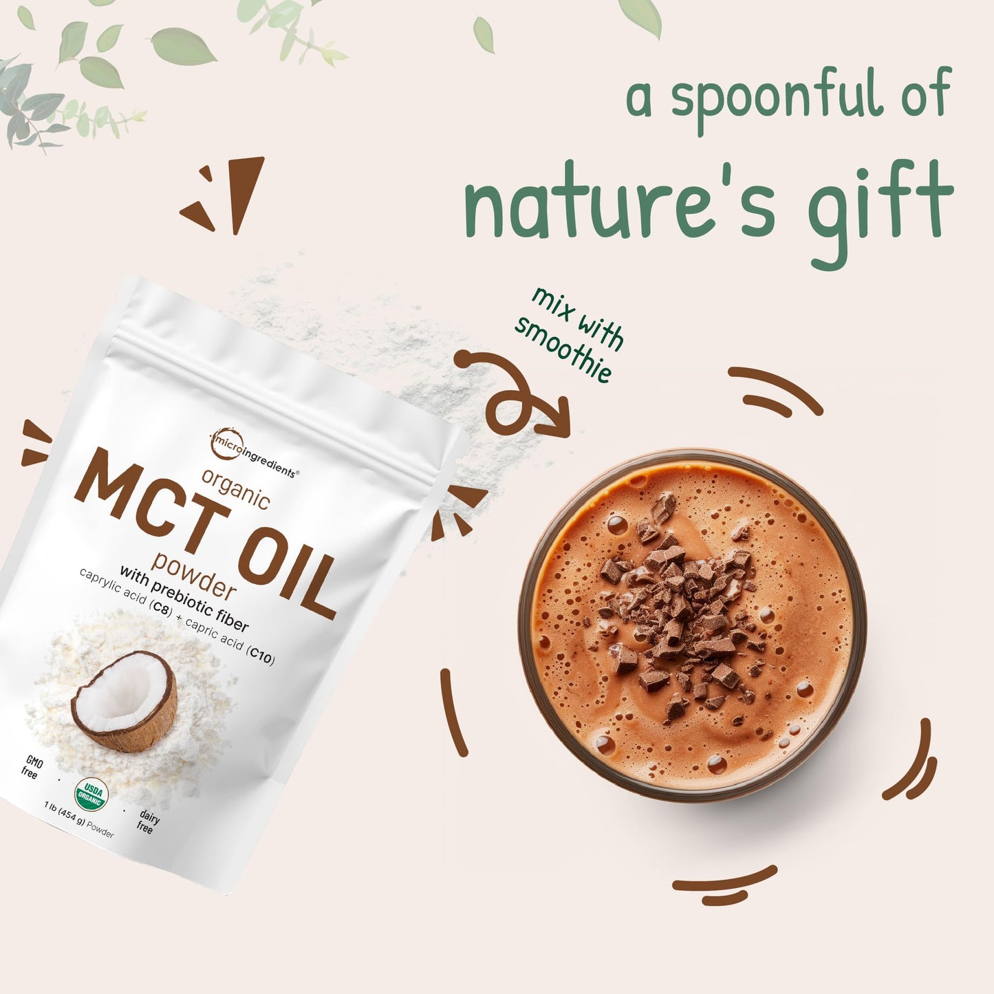 Micro Ingredients Organic MCT Oil Powder with Prebiotic Fiber – 1 lb (16 oz) – C8 MCT Oil for Coffee Creamer – No GMOs, Keto, Vegan