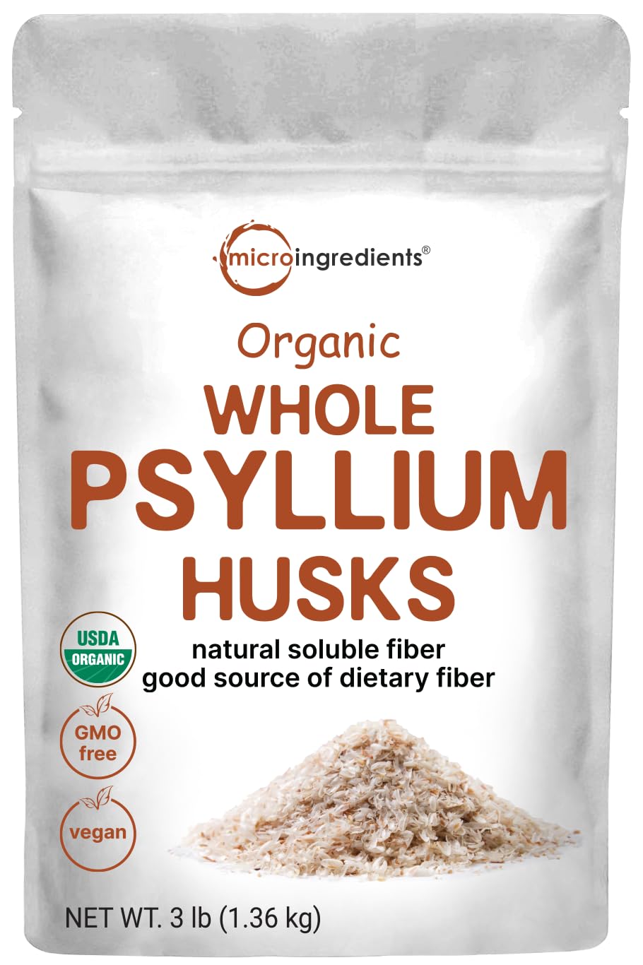 Micro Ingredients Organic Whole Psyllium Husks - 3lbs | Digestive Health, Non-GMO, Keto & Vegan | India Origin