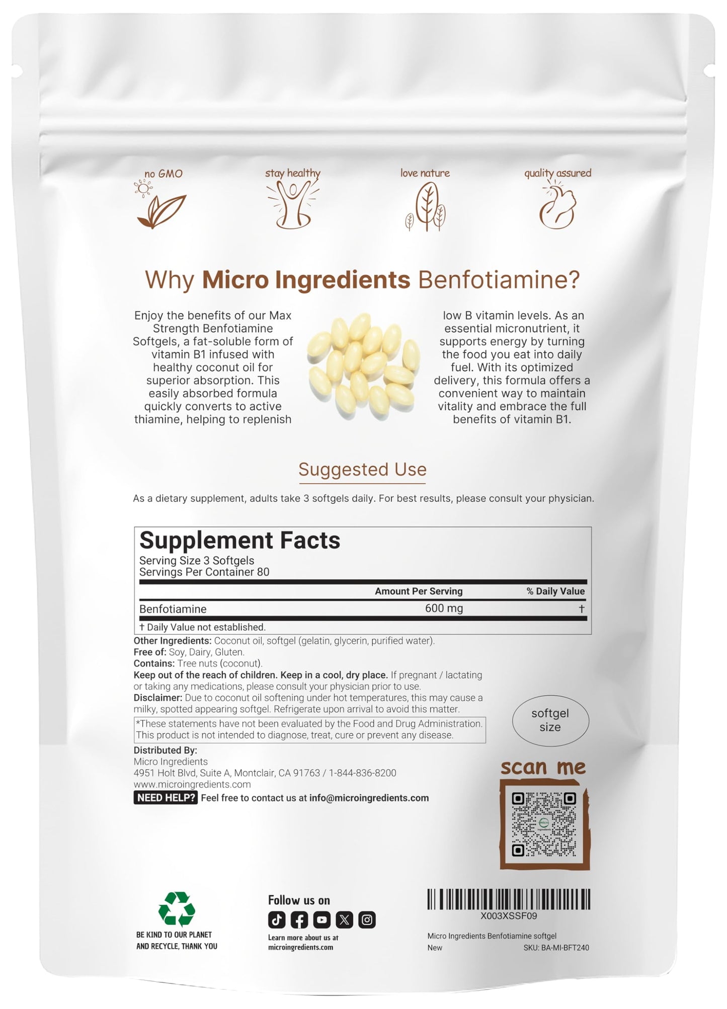 Micro Ingredients Vitamin B1 Benfotiamine 600mg Softgels – Bioavailable B1, Non-GMO, Soy Free