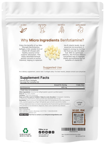 Micro Ingredients Vitamin B1 Benfotiamine 600mg Softgels – Bioavailable B1, Non-GMO, Soy Free