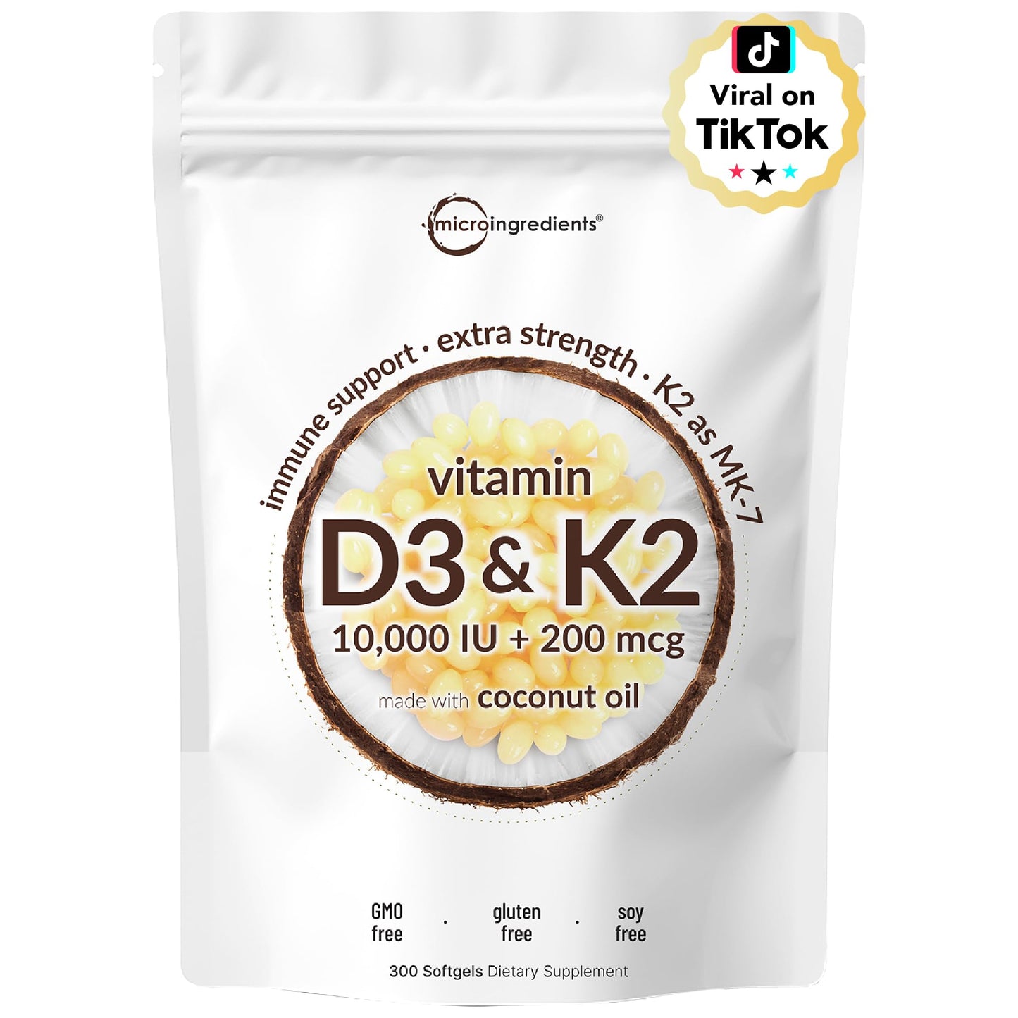 Micro Ingredients Vitamin D3 10,000 IU + K2 MK-7 200 mcg | 300 Softgels, D3 & K2 Complex
