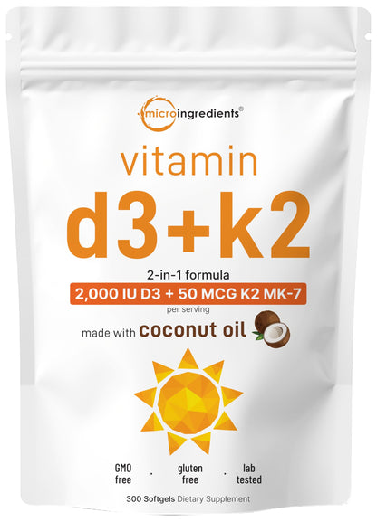 Micro Ingredients Vitamin D3 2,000 IU + K2 MK-7 50 mcg Softgels | Virgin Coconut Oil | 2-in-1 Bone, Immune & Heart Support