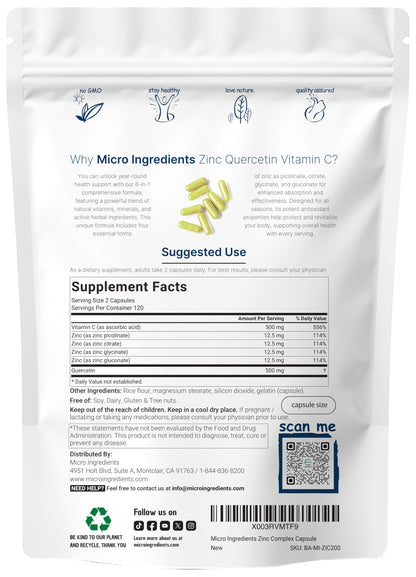 Micro Ingredients Zinc Quercetin with Vitamin C – 240 Capsules | Immune Support (Quercetin 500mg, Vitamin C 500mg, Zinc 50mg)