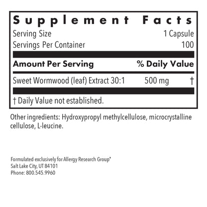 Allergy Research Group Artemisia Dietary Supplement – Microbial Balance, Sweet Wormwood Extract, Hypoallergenic, Gluten Free | Vegetarian Capsules – 100 Count