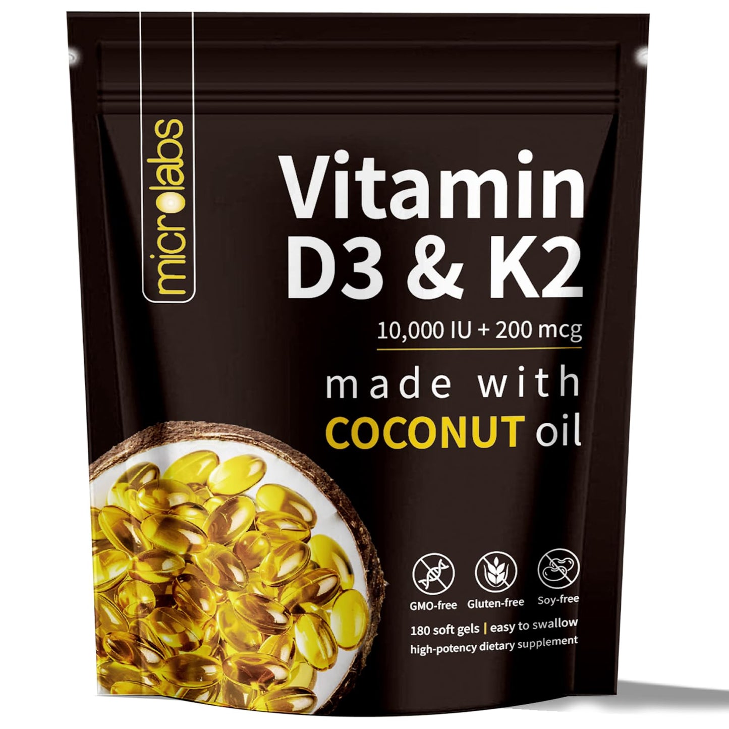 MicroLabs D3 K2 Softgels – 10000 IU D3 + 200 mcg K2, 2-in-1 Vitamin D3 K2, 300 Softgels/Pack