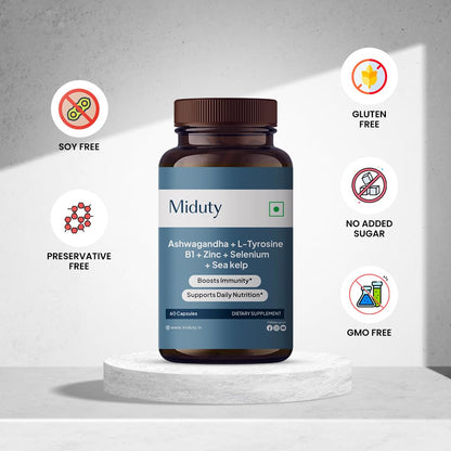 Miduty KSM-66 Ashwagandha + Organic Sea Kelp - L-Tyrosine, Iodine - 60 Capsules