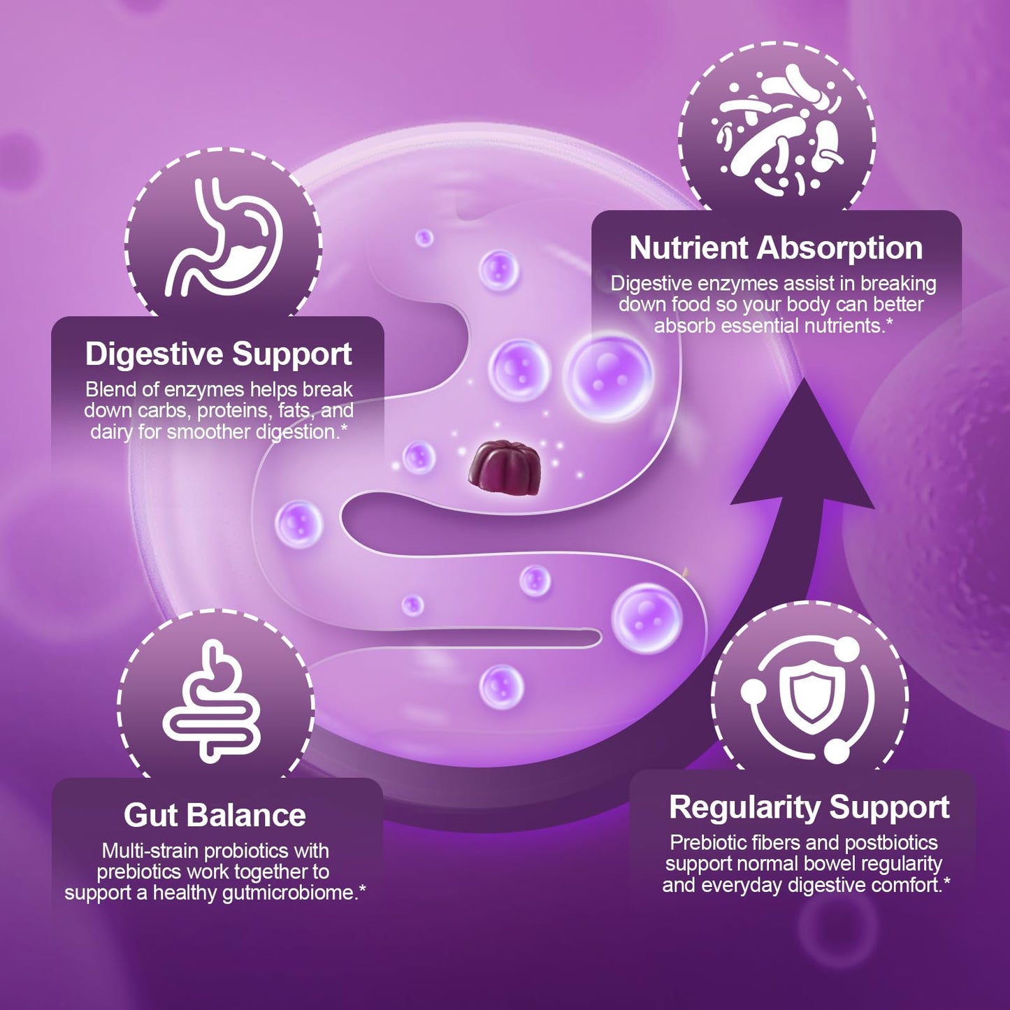 Migcopat Pre Post Probiotics Gummies – 5 in 1 Digestive Support, Blackberry Flavor, 120B CFU, Sugar Free & Vegan | 120 Ct