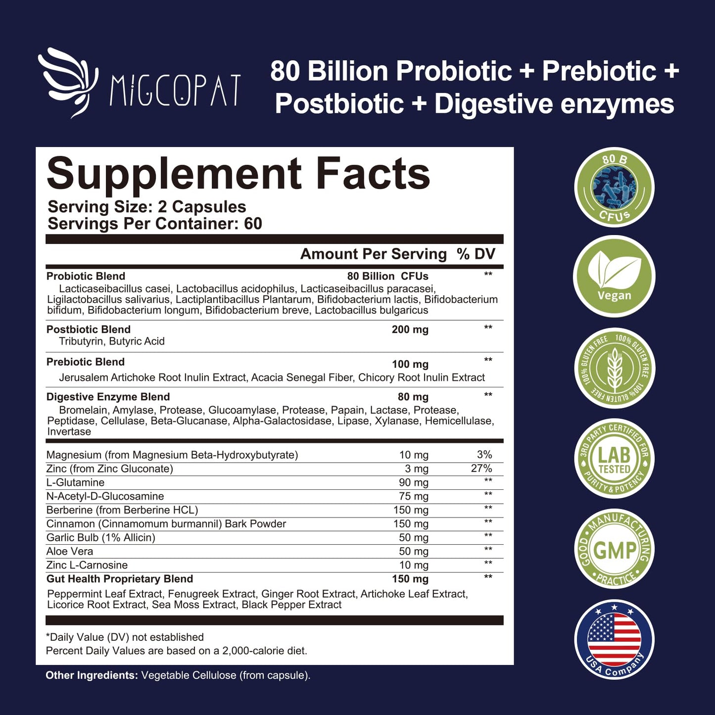 Migcopat Probiotic Prebiotic Postbiotic & Digestive Enzymes – 80B CFU, 120 Capsules