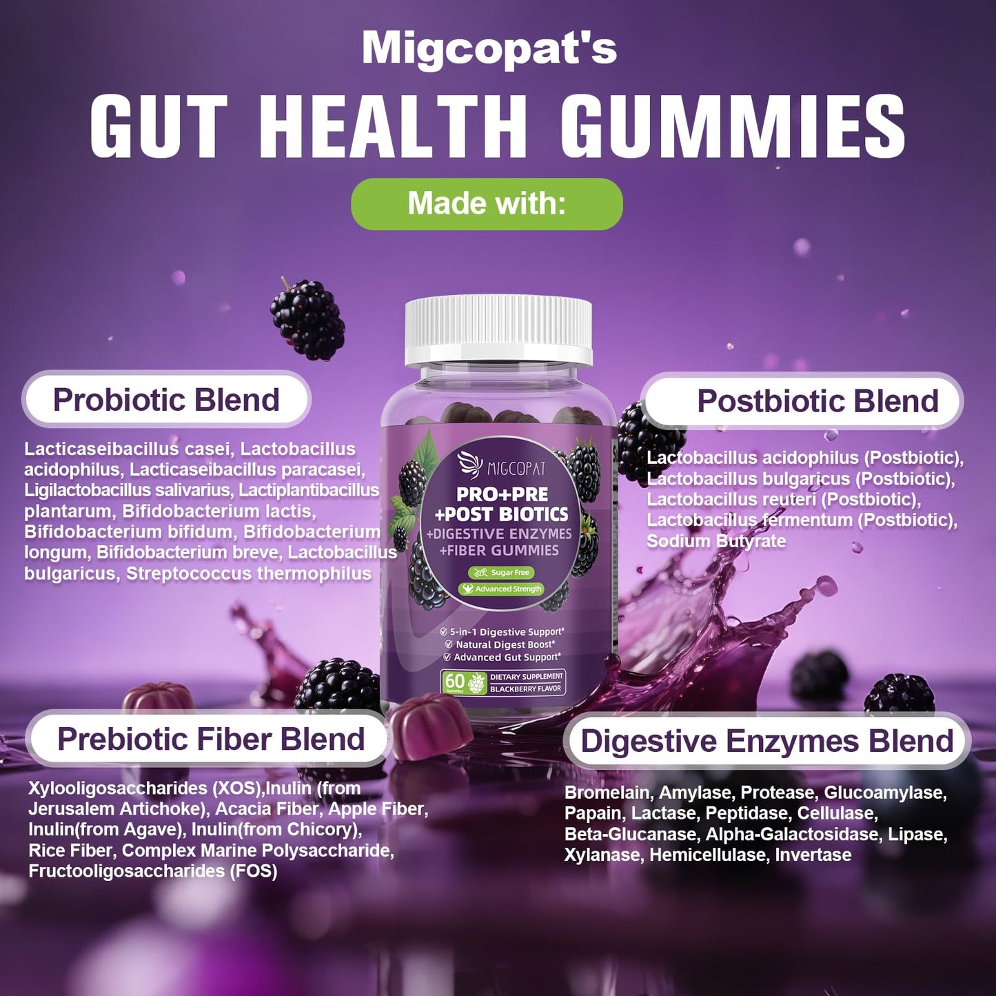 Migcopat Pre Post Probiotics Gummies - 5-in-1 Gut Support, 120B CFU, Vegan, Blackberry, 60 ct