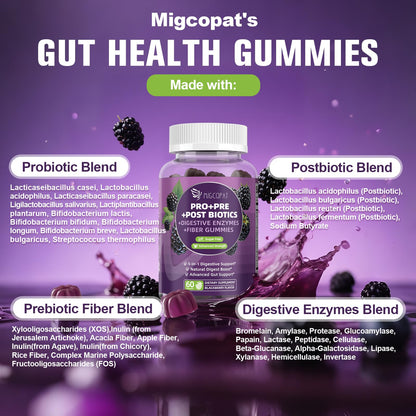 Migcopat Pre Post Probiotics Gummies - 5-in-1 Gut Support, 120B CFU, Vegan, Blackberry, 60 ct