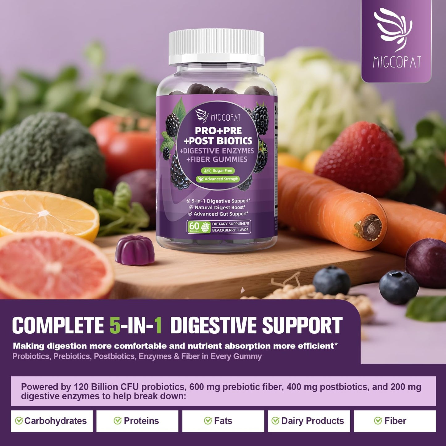 Migcopat Pre Post Probiotics Gummies – 5 in 1 Digestive Support, Blackberry Flavor, 120B CFU, Sugar Free & Vegan | 120 Ct
