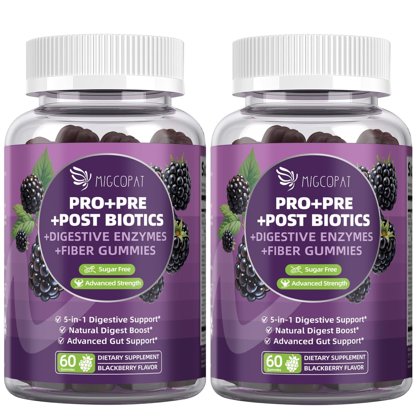 Migcopat Pre Post Probiotics Gummies – 5 in 1 Digestive Support, Blackberry Flavor, 120B CFU, Sugar Free & Vegan | 120 Ct