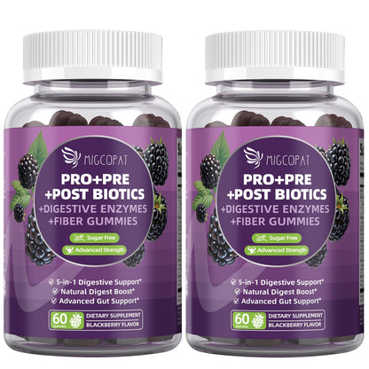Migcopat Pre Post Probiotics Gummies – 5 in 1 Digestive Support, Blackberry Flavor, 120B CFU, Sugar Free & Vegan | 120 Ct
