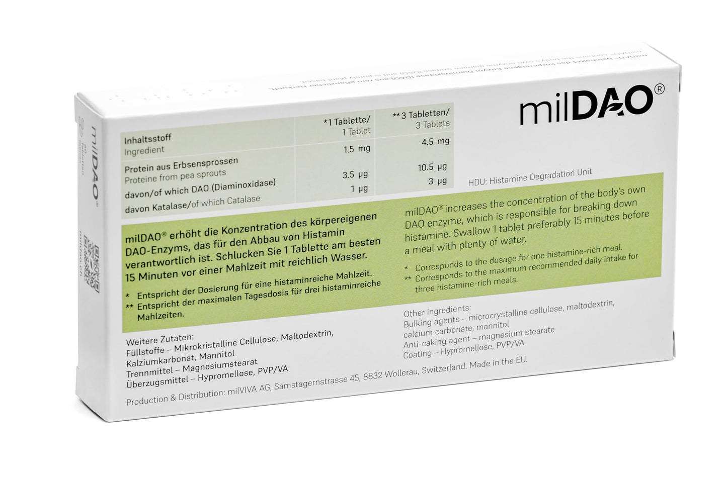 milDAO® – 30 Vegan Tablets | DAO Enzyme for Histamine Intolerance | 1,000,000 HDU
