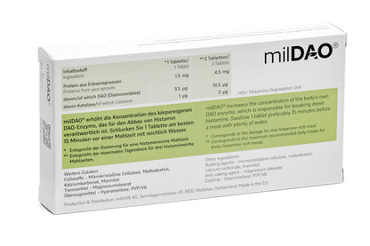 milDAO® – 30 Vegan Tablets | DAO Enzyme for Histamine Intolerance | 1,000,000 HDU