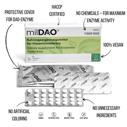 milDAO® – 30 Vegan Tablets | DAO Enzyme for Histamine Intolerance | 1,000,000 HDU