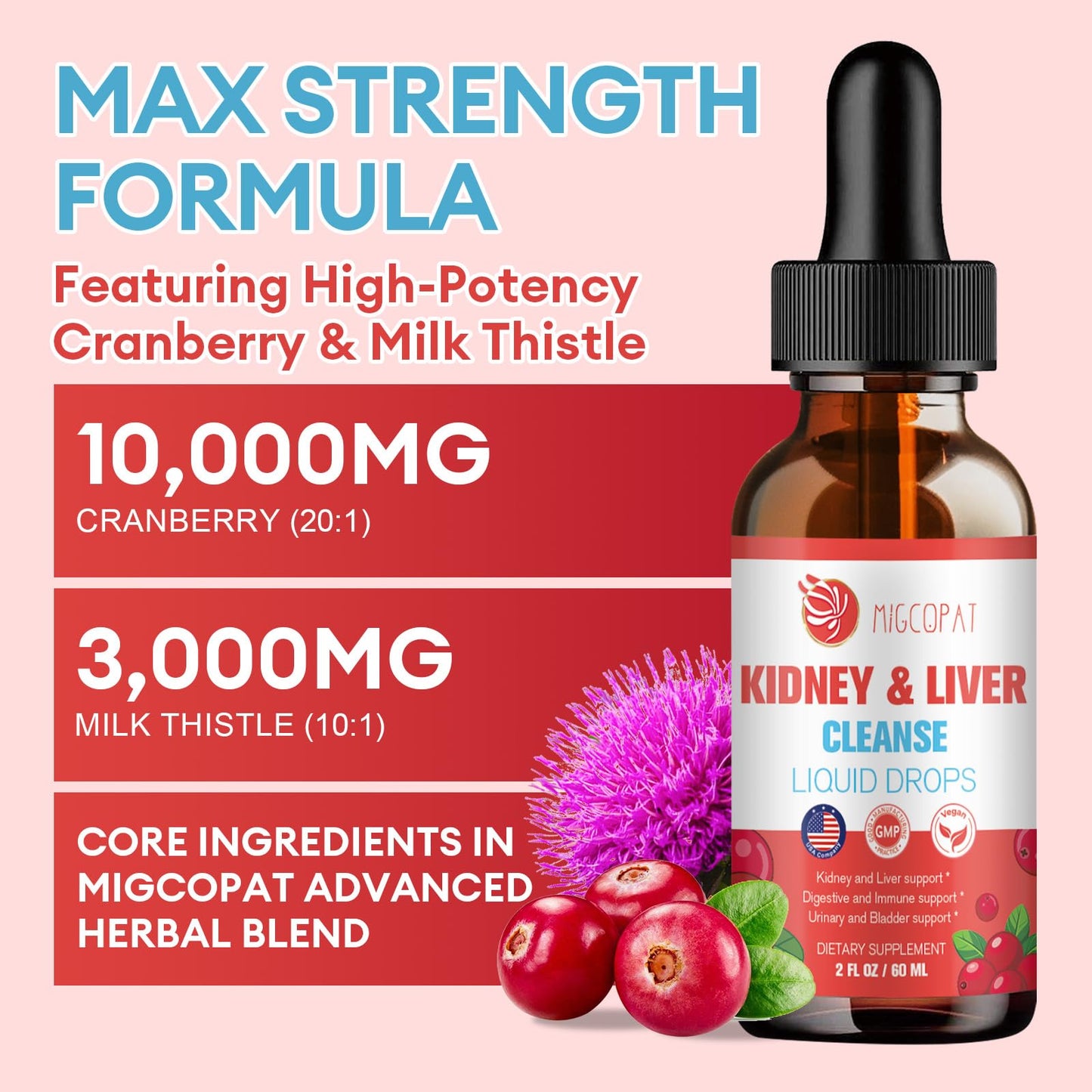 Kidney & Liver Cleanse Detox & Repair Drops – Cranberry, Milk Thistle & Artichoke (60ml) | Natural Herbal Supplement