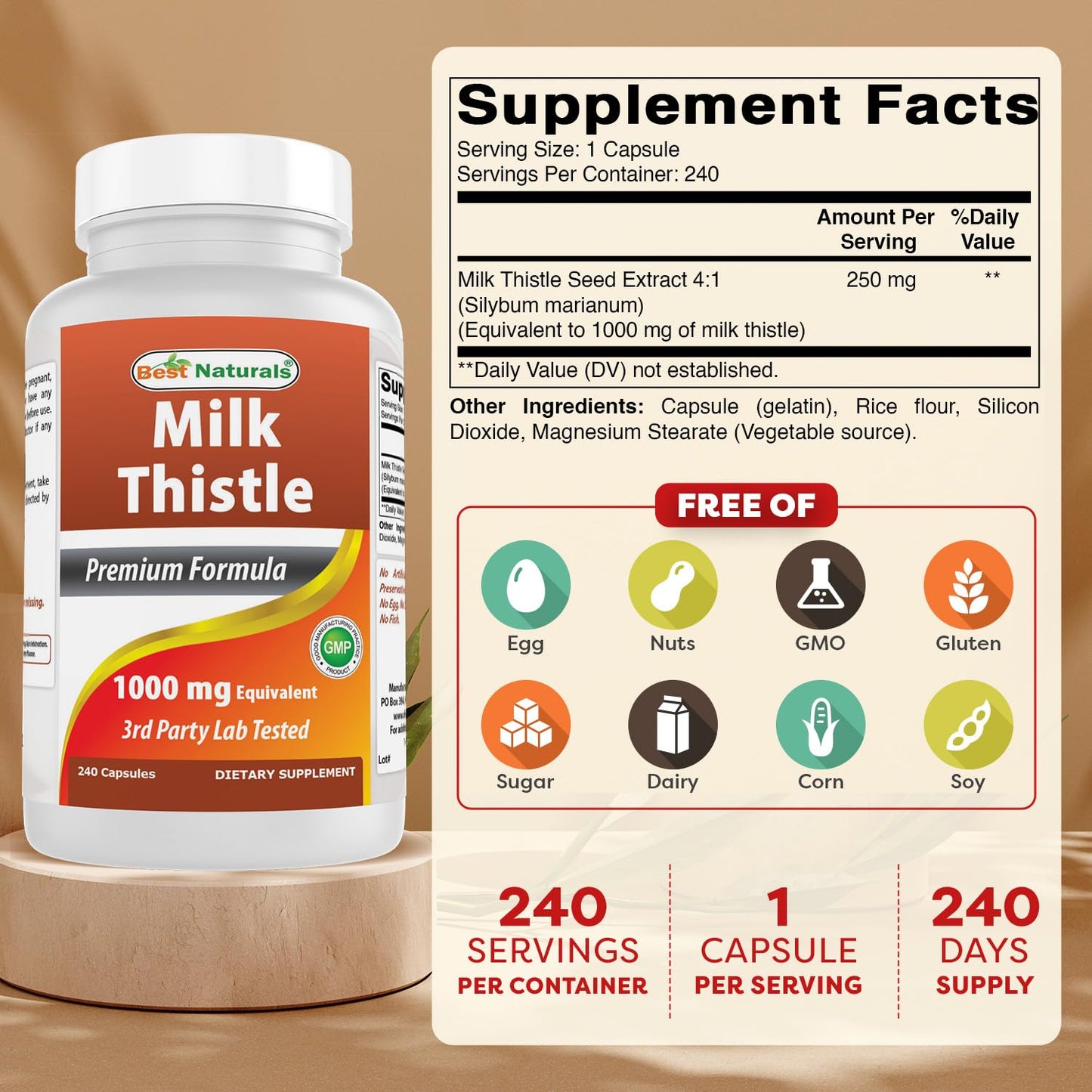 Best Naturals Milk Thistle Extract 1000mg - 240 Capsules | Non-GMO Gluten Free