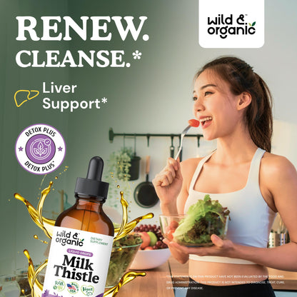 Wild & Organic Milk Thistle Liquid Drops - Liver Cleanse Detox - Silymarin Milk Thistle Supplement for Liver Support - Silybum Marianum Seed Extract Tincture - Vegan, Sugar & Alcohol-Free - 4 fl oz