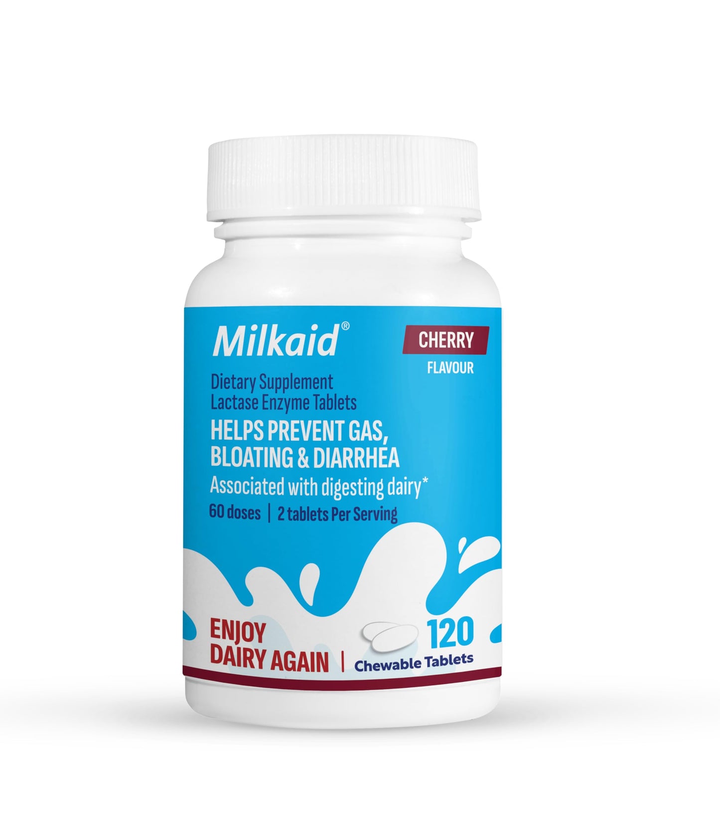 Milkaid Lactase Enzyme Chewable Tablets – Cherry, 120 Tablets | Lactose Intolerance Relief