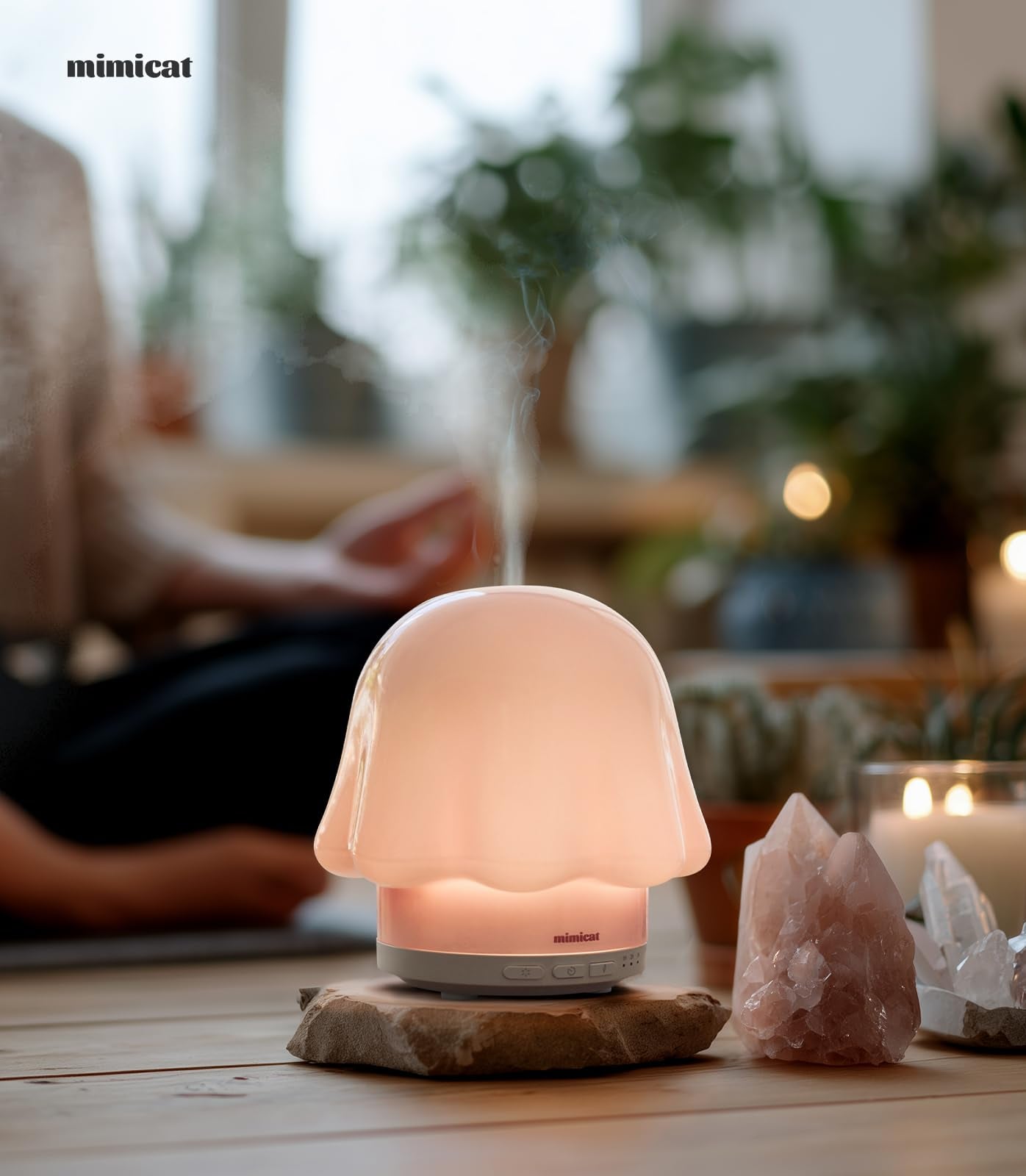 mimicat Essential Oil Diffuser — Glass Top, 120ml, Pink, Timer, Night Light