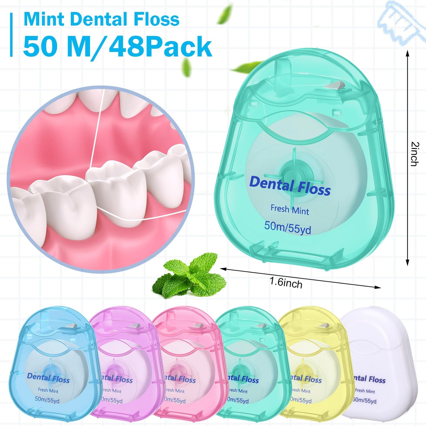 Mimorou 48-Pack Dental Floss Bulk – 50m Mint, Travel Case (Multicolor)