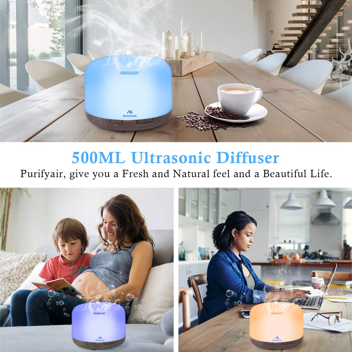 Miserwe 500ML Essential Oil Diffuser | Adjustable Mist, 4 Timer Settings, Auto Shut-Off