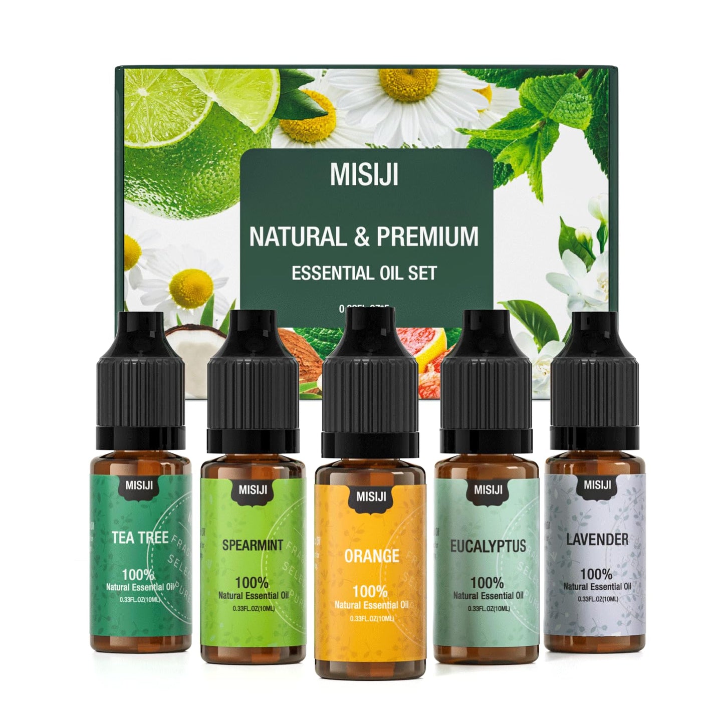 MISIJI Essential Oils for Diffuser - 10ml (Orange, Lavender, Peppermint, Eucalyptus, Tea Tree) | Top Aromatherapy Oils